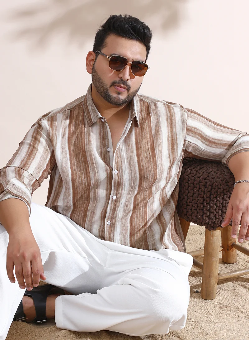 Instafab Plus Instafab Plus Men's Ash Brown Striped-Strokes Shirt For Casual Wear | Spread Collar | Long Cuffed Sleeves | Button Closure | Plus Size Shirt Crafted With Comfort Fit For Everyday Wear