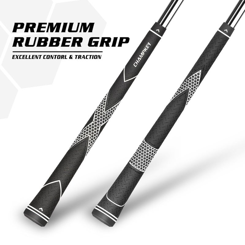 CHAMPKEY Premium Rubber Golf Grips 13 Pack | High Traction & Feedback | Standard/Midsize, 0.600" Round Core, 10.5" Length, 50g/55g Weight, 15 Tapes Included, White/Black - Image 2