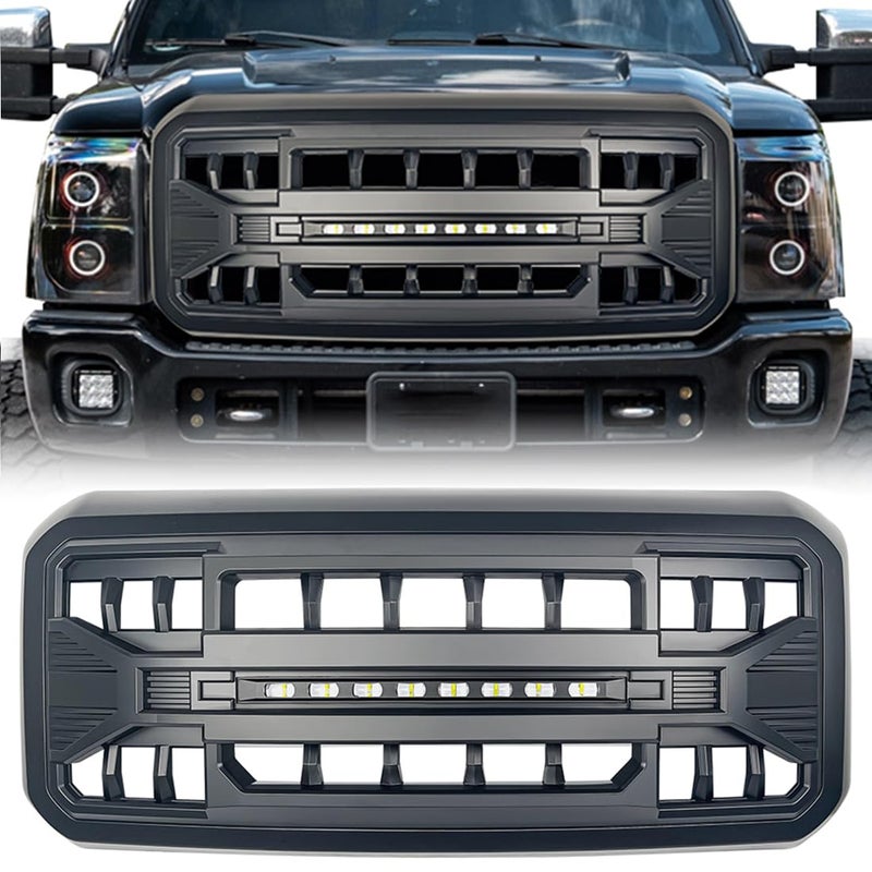 MEGAIE Front Grille Compatible with 20112016 F250 F350 F450 F550 Super Duty Matte Black Bumper Grill Guard wOffRoad Lights