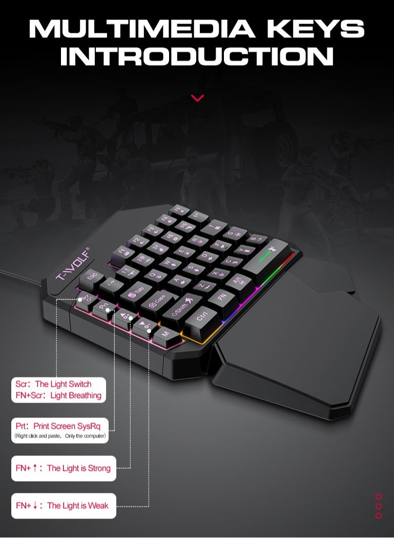 تي- وولف لوحة مفاتيح ألعاب ذات 40 مفتاحًا بيد واحدة، لون RGB مقاوم للماء مناسب لألعاب الكمبيوتر/Ps4/Xbox، Android PUBG CODM Genshin Diablo لجميع الألعاب - Image 4