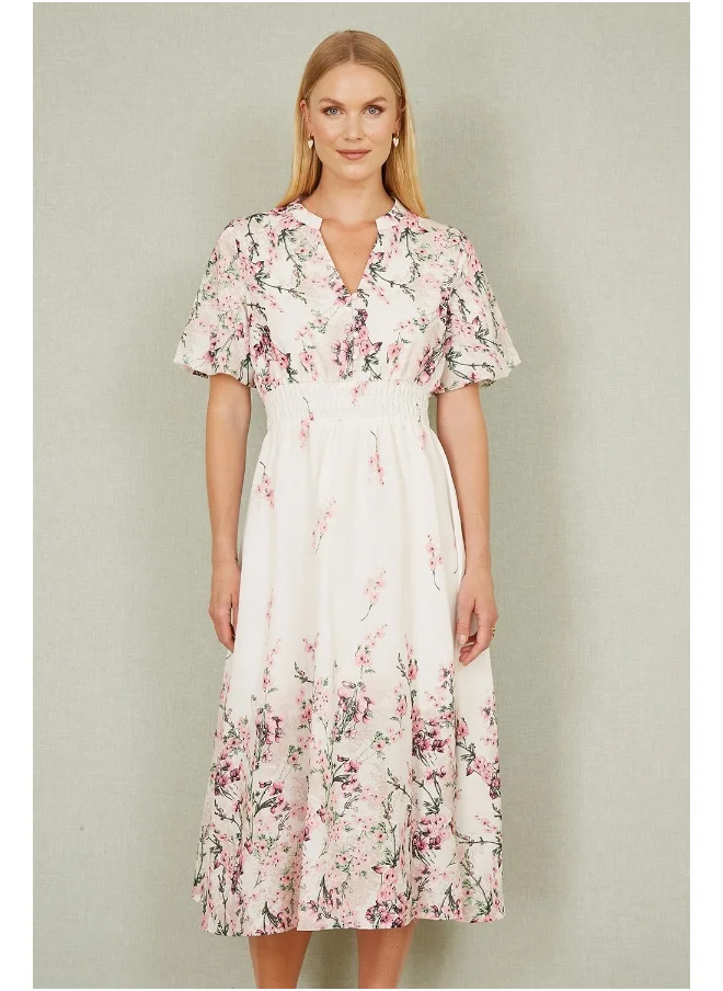 Yumi Yumi White Mirrored Floral Button Up Midi Dress With Ruched Waist