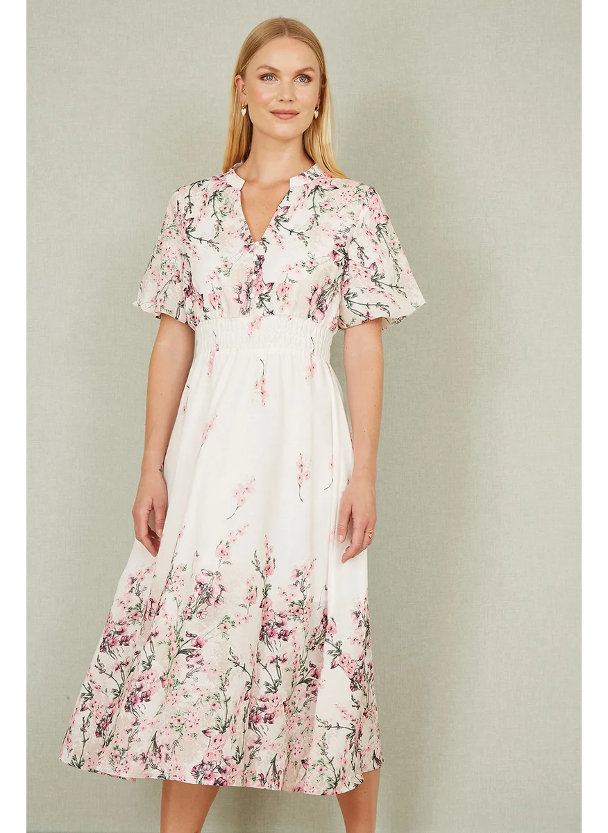 Yumi Yumi White Mirrored Floral Button Up Midi Dress With Ruched Waist