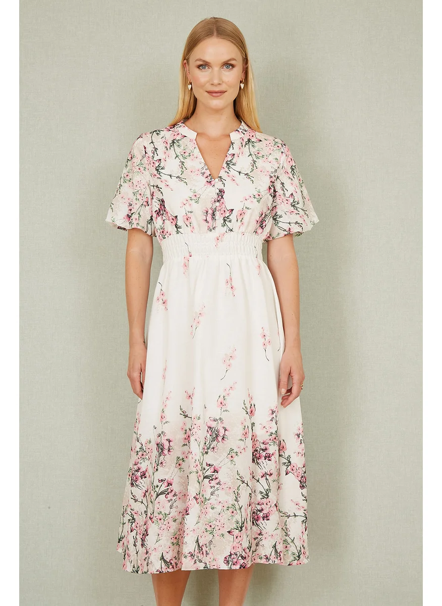 يامي Yumi White Mirrored Floral Button Up Midi Dress With Ruched Waist