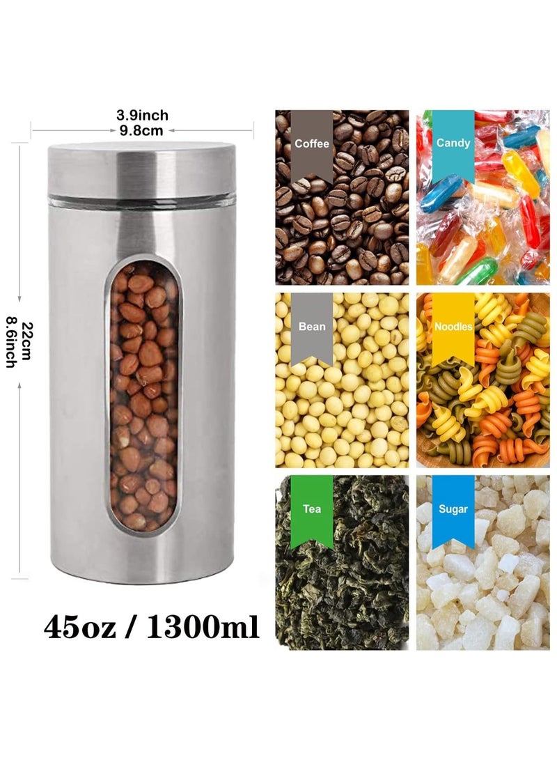 جورونب طقم علب تخزين طعام من الفولاذ المقاوم للصدأ مع نافذة زجاجية مرئية وأغطية محكمة الغلق، مجموعة من 4 برطمانات تخزين محكمة الغلق للسكر والقهوة والشاي والحلوى، حاويات تخزين طعام وخزان تخزين حبوب (الطول: 1300 مل) - Image 2