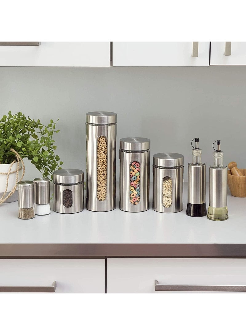 جورونب طقم علب تخزين طعام من الفولاذ المقاوم للصدأ مع نافذة زجاجية مرئية وأغطية محكمة الغلق، مجموعة من 4 برطمانات تخزين محكمة الغلق للسكر والقهوة والشاي والحلوى، حاويات تخزين طعام وخزان تخزين حبوب (الطول: 1300 مل) - Image 4