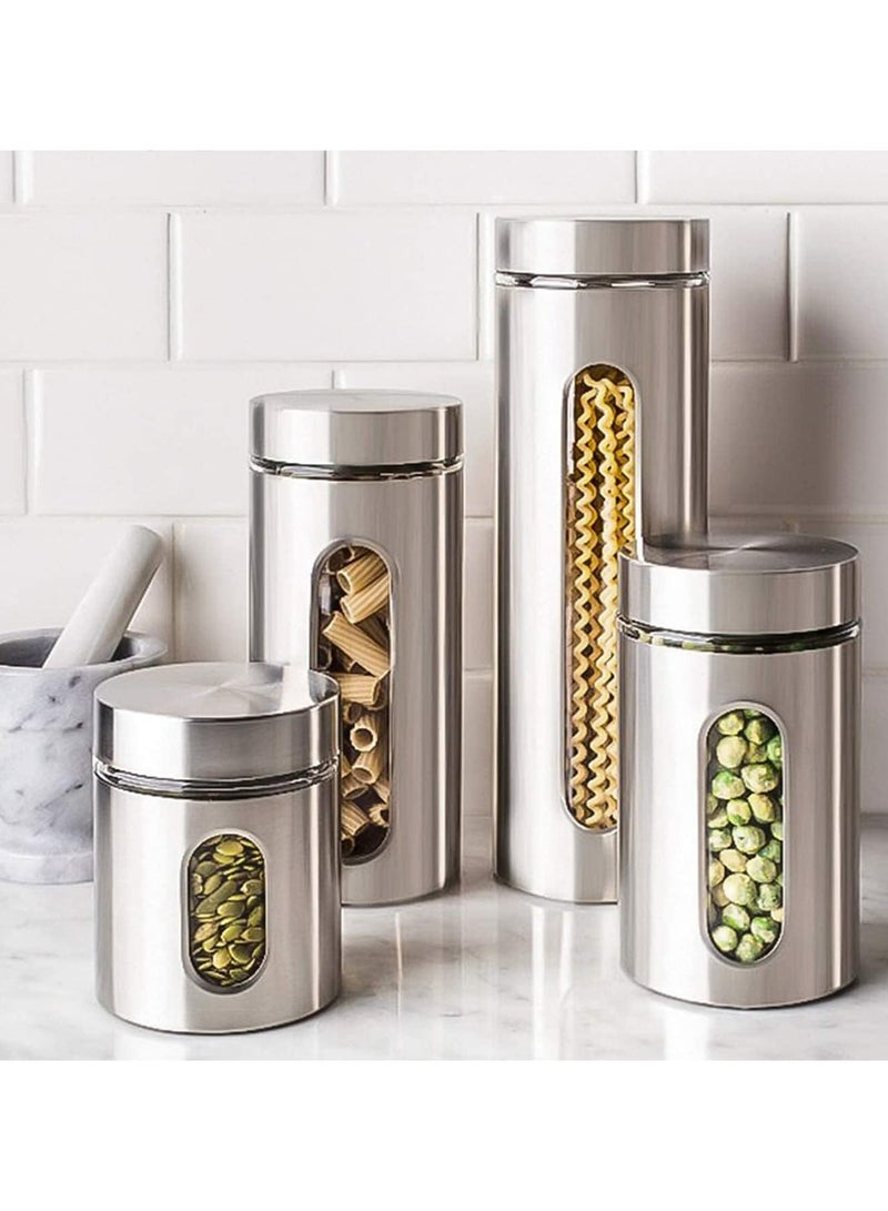 جورونب طقم علب تخزين طعام من الفولاذ المقاوم للصدأ مع نافذة زجاجية مرئية وأغطية محكمة الغلق، مجموعة من 4 برطمانات تخزين محكمة الغلق للسكر والقهوة والشاي والحلوى، حاويات تخزين طعام وخزان تخزين حبوب (الطول: 1300 مل) - Image 5