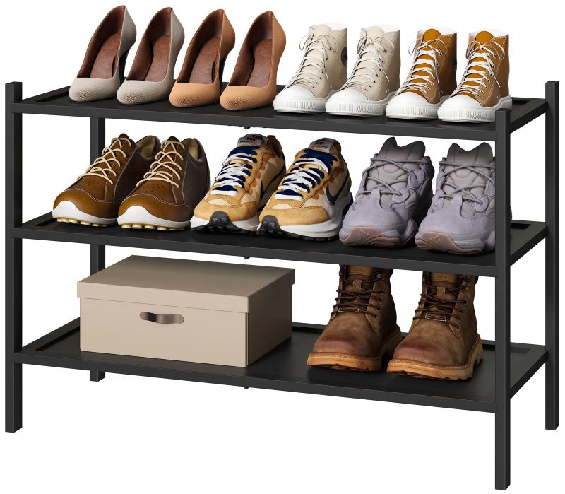 kiplant 3Tier Black Bamboo Shoe Rack for Entryway Stackable  Foldable  Natural Shoe Organizer for Hallway Closet Free Standing Shoe Racks for Indoor Outdoor