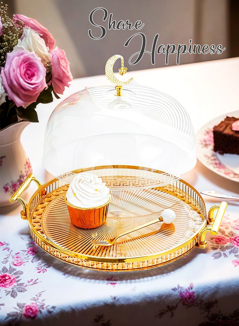 Round Gold-plated Amber Cake Stand 2 Handles Tray, Transparent  Cover,Dessert Stand Fruit Tray,Cake Tray,Display Rack, Kitchen Dining Tray, Serving Trays , Tray Decor Coffee Table Round Tray, Perfume Jewelry Trays,for Family Gatherings, Afternoon tea, Office activities, Banquet Celebrations,Hotel Restaurants(Amber 29.5X15cm) - Image 2
