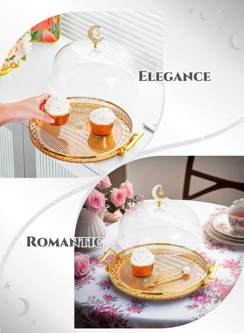 Round Gold-plated Amber Cake Stand 2 Handles Tray, Transparent  Cover,Dessert Stand Fruit Tray,Cake Tray,Display Rack, Kitchen Dining Tray, Serving Trays , Tray Decor Coffee Table Round Tray, Perfume Jewelry Trays,for Family Gatherings, Afternoon tea, Office activities, Banquet Celebrations,Hotel Restaurants(Amber 29.5X15cm) - Image 5