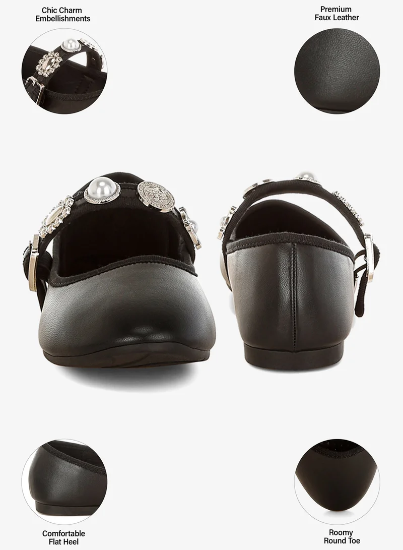 London Rag SH5582_ BLACK Charms Embellished Flat Mary Janes In Black for Women | Best Price UAE