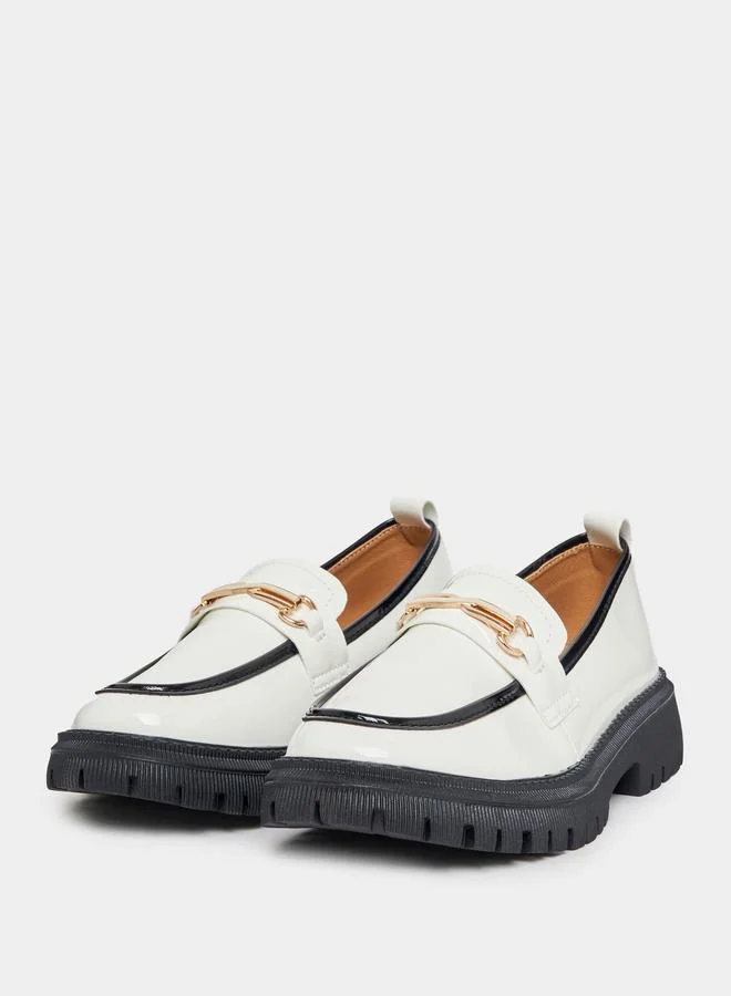 Styli Faux Leather Trim Front Decoy Buckle Loafers