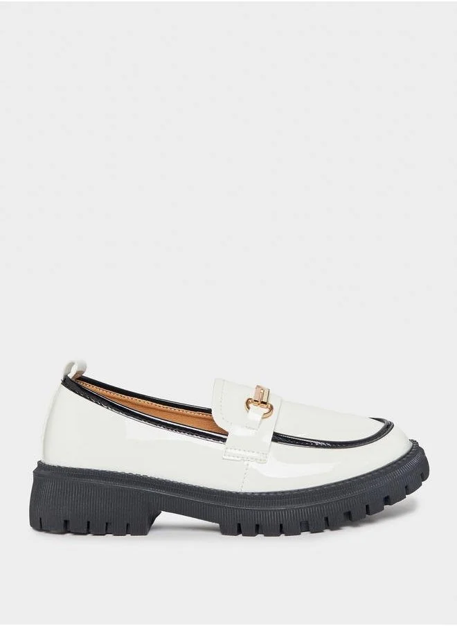 Styli Faux Leather Trim Front Decoy Buckle Loafers
