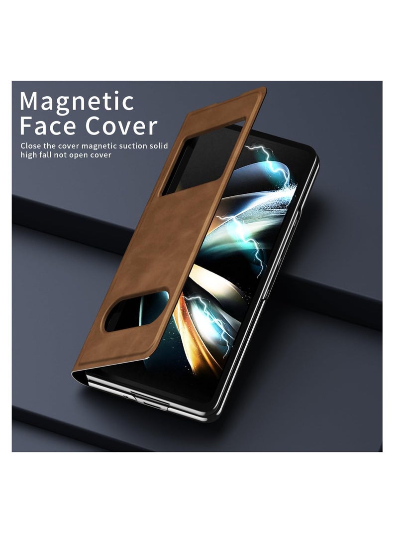 Aookay For Samsung Galaxy Z Fold 6 Magnetic Flip Folding Case, Open Window Design, Premium Luxury Business Nappa Leather, Hidden Stand Full Body Hinge Protection Ultra-thin Case (Z Fold 6 Brown)  - Image 2