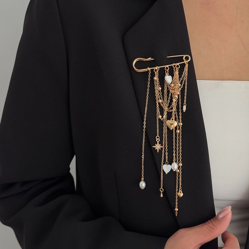 SHIXIN European and American Cross-Border Accessories: DIY Heart-Shaped Bear Brooch with Tassel and Bead Pin - Image 3