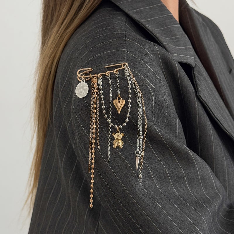 SHIXIN European and American Cross-Border Accessories: DIY Heart-Shaped Bear Brooch with Tassel and Bead Pin - Image 2