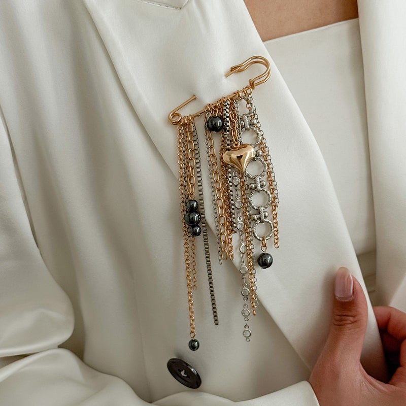 SHIXIN European and American Cross-Border Accessories: DIY Heart-Shaped Bear Brooch with Tassel and Bead Pin - Image 1