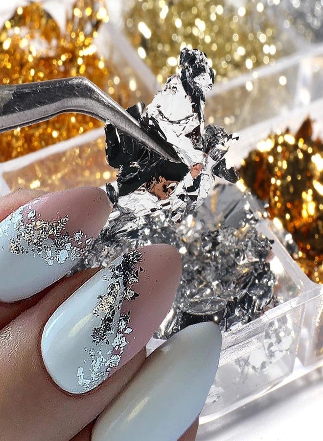 YKZFUI Holographic 3D Sparkly Aluminum Nail Art Foil Flakes - Glitter Sequins for Acrylic Nails - Gold Silver Irregular Line Strip Designs (6 Grids) - Image 4