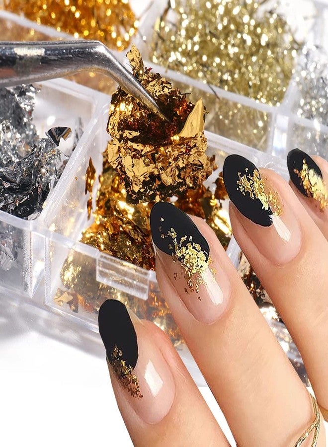 YKZFUI Holographic 3D Sparkly Aluminum Nail Art Foil Flakes - Glitter Sequins for Acrylic Nails - Gold Silver Irregular Line Strip Designs (6 Grids) - Image 3