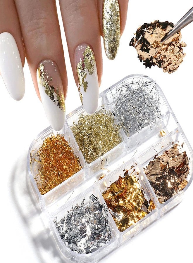 YKZFUI Holographic 3D Sparkly Aluminum Nail Art Foil Flakes - Glitter Sequins for Acrylic Nails - Gold Silver Irregular Line Strip Designs (6 Grids) - Image 1