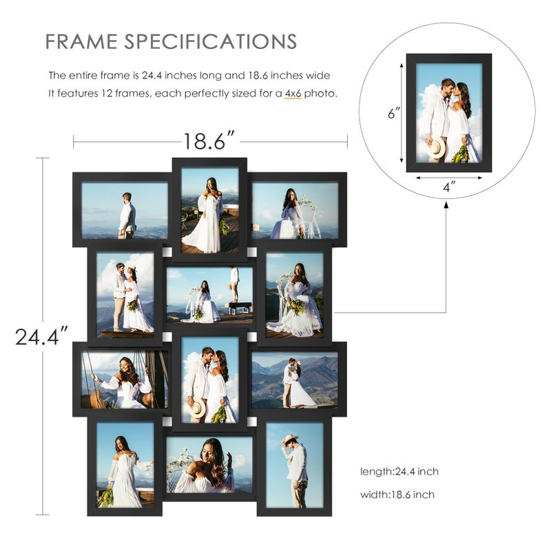 DUENPY 4x6 Picture Frame Collage, 12-Pack Picture Frames Collage Wall Decor, Set with Glass Front, Assembly Required, Black - Image 2
