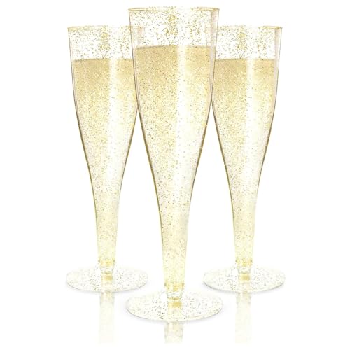 Prestee 100 Gold Plastic Champagne Flutes  45 oz Disposable Champagne Glasses for Toasting at Weddings Mimosas Cocktails Great Gatsby Party Decorations and Events