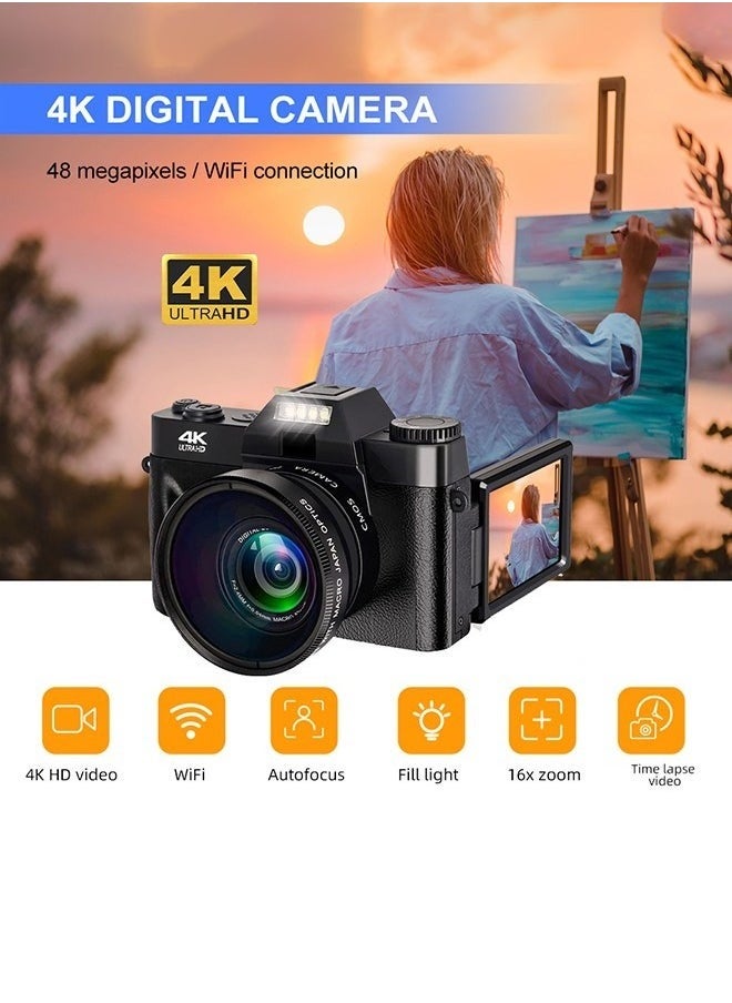 ماركة غير محددة كاميرا رقمية بدقة 4K بسعة 75 ميجابكسل وزوم رقمي 16x وشاشة قابلة للطي بحجم 3 إنش وواي فاي وكاميرا فيديو ويب كام مع بطاقة ذاكرة سعة 64 جيجابايت مخصصة للتصوير الفوتوغرافي الكلاسيكي والاحترافي.  - Image 3