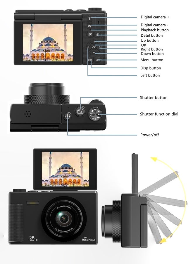 Makrystorm 5K Digital Camera, 75MP Camera Digital for Photography, Point and Shoot Camara with 64GB Micro SD Card, 18X Digital Camera with 2.3" 180° Flip Screen, Vlogging Camera for Beginner Gift - Image 5