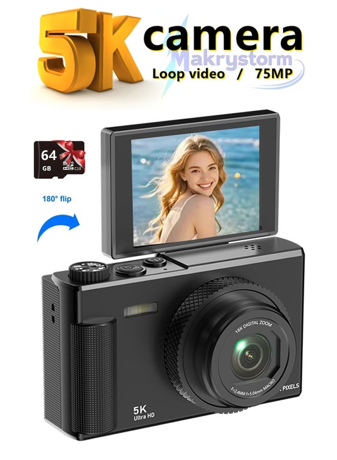 Makrystorm 5K Digital Camera, 75MP Camera Digital for Photography, Point and Shoot Camara with 64GB Micro SD Card, 18X Digital Camera with 2.3" 180° Flip Screen, Vlogging Camera for Beginner Gift - Image 1