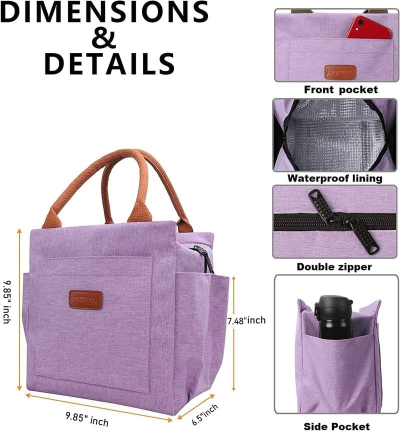 Joymee Lunch Bag Women Insulated Lunch Box Reusable Leakproof Large Spacious Cooler Tote for Women Men Adult with Bottle Holder and Side Pockets for Work Office Travel Picnic - Purple - Image 2