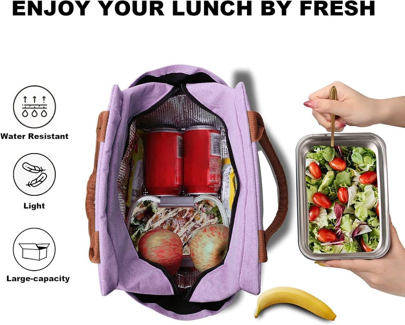 Joymee Lunch Bag Women Insulated Lunch Box Reusable Leakproof Large Spacious Cooler Tote for Women Men Adult with Bottle Holder and Side Pockets for Work Office Travel Picnic - Purple - Image 3