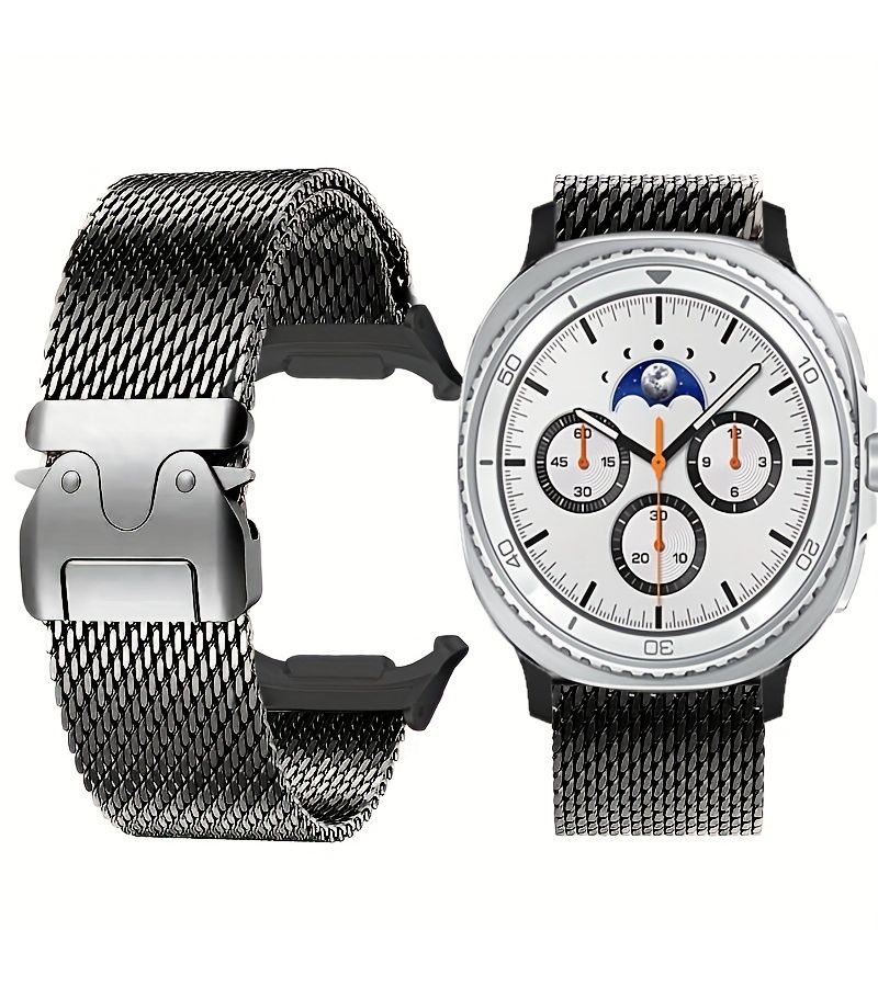 سوار من الستانلس ستيل عالي الجودة لساعة Galaxy Watch 8 وWatch 8 Classic بمقاسات 40mm و44mm و46mm، حزام معصم أنيق بإبزيم للنساء والرجال، إكسسوارات فضية لساعة Galaxy Watch 8 Classic الذكية. - Image 5