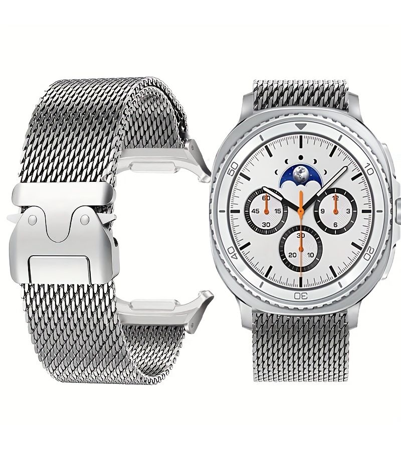سوار من الستانلس ستيل عالي الجودة لساعة Galaxy Watch 8 وWatch 8 Classic بمقاسات 40mm و44mm و46mm، حزام معصم أنيق بإبزيم للنساء والرجال، إكسسوارات فضية لساعة Galaxy Watch 8 Classic الذكية. - Image 4