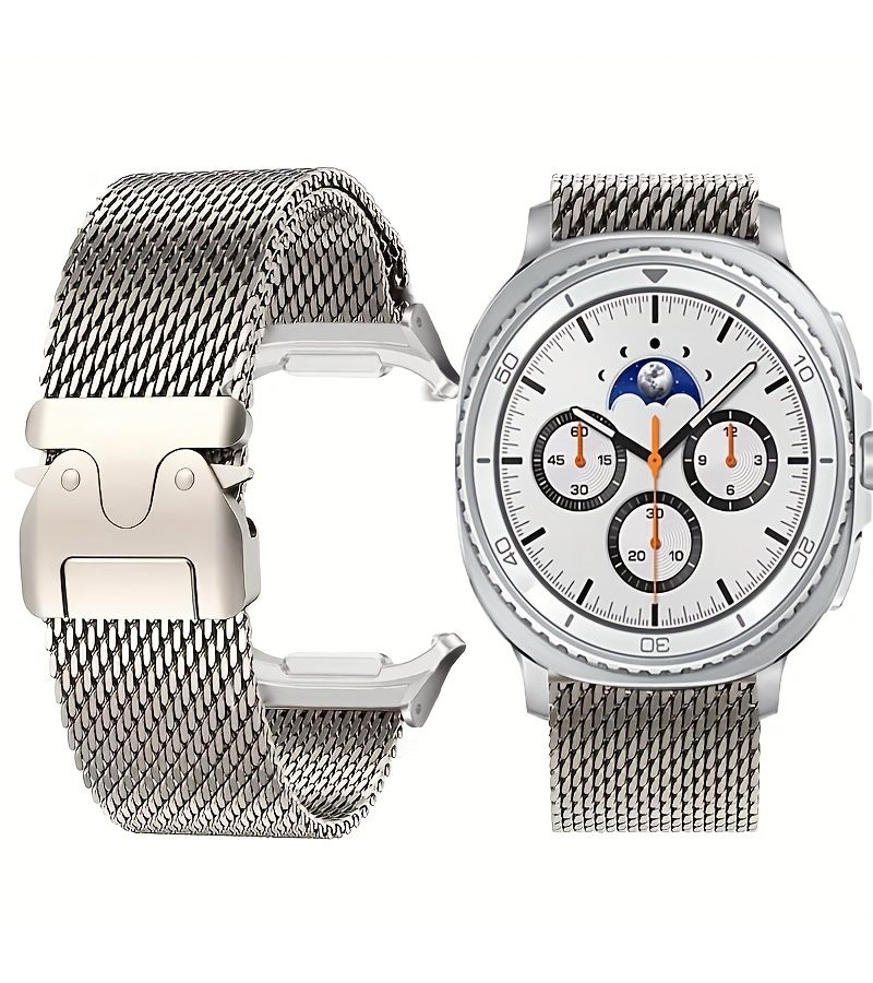 سوار من الستانلس ستيل عالي الجودة لساعة Galaxy Watch 8 وWatch 8 Classic بمقاسات 40mm و44mm و46mm، حزام معصم أنيق بإبزيم للنساء والرجال، إكسسوارات فضية لساعة Galaxy Watch 8 Classic الذكية. - Image 1