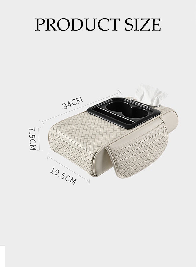 DUNISO Car Central Control Armrest Memory Foam Armrest Heightening Pad,Leather Car Armrest Cushion with 2 Storage Bags, 2 Cup Holders and a Tissue Box(White) - Image 2