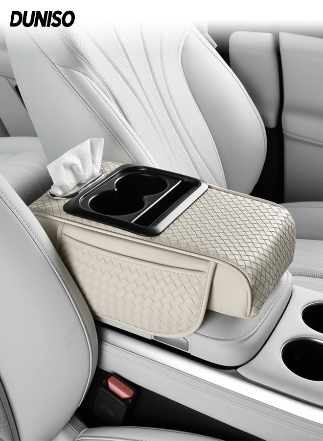 DUNISO Car Central Control Armrest Memory Foam Armrest Heightening Pad,Leather Car Armrest Cushion with 2 Storage Bags, 2 Cup Holders and a Tissue Box(White) - Image 1