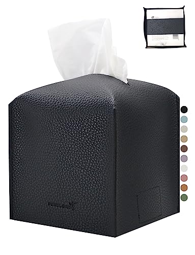 PENGLONG Tissue Box Cover 5X5X5'' PU Leather Tissue Holder Square Tissue Cube Box Organizer for Bathroom Vanity Countertop, Car, Night Stands, Office, Home, Kitchen (1Pack, Black) - Image 1