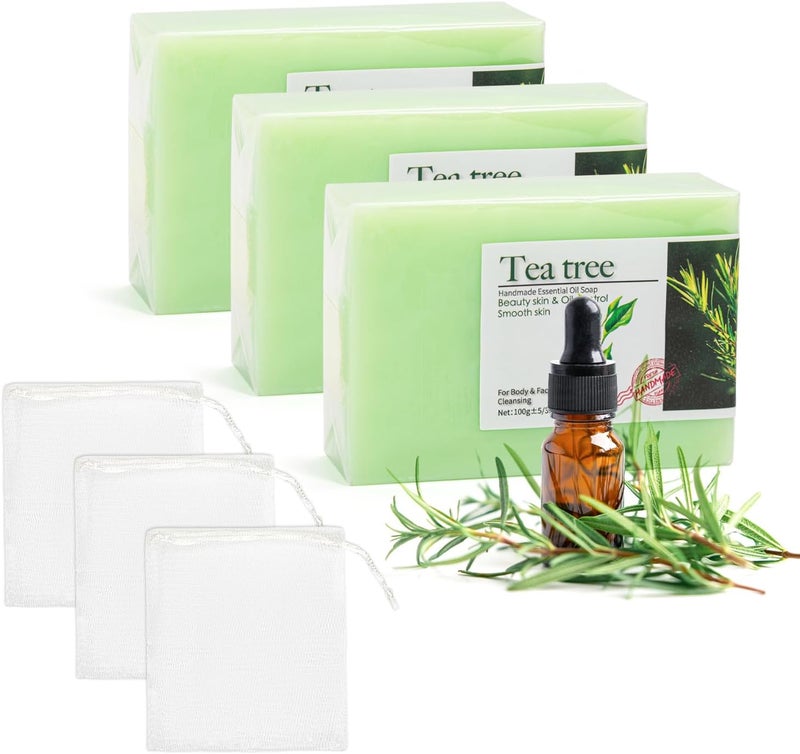 3 PCS Tea Tree Antifungal Soap Bar Natural Tea Tree Oil Soap for Face Body Hand Fights Acne Relieves Fungal Skin Controls Oil Clears Pores Prevents Breakouts Soothes Fresh Skin 3 Green
