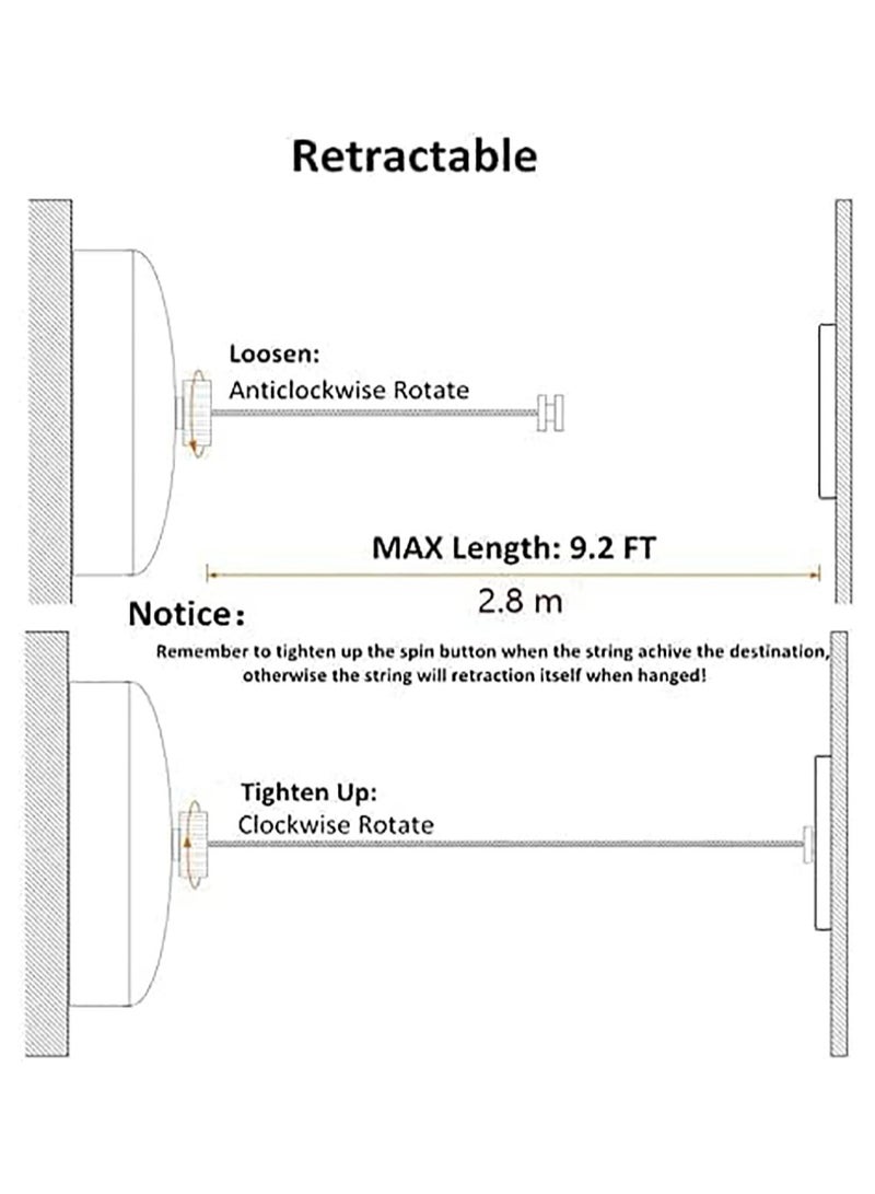 حبل غسيل قابل للسحب، حبل غسيل مثبت على الحائط، سلك سحب قابل للتعديل من الفولاذ المقاوم للصدأ بطول 2.8 متر، مناسب للاستخدام الداخلي والخارجي (غير قابل للصدأ) - Image 3