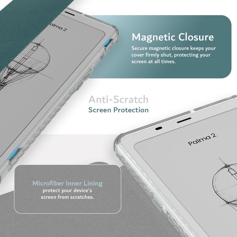 TUDIA SKN FLIP V2 Designed for Onyx Boox Palma 2 Case - [DO NOT FIT Palma 2 PRO] Enhanced Auto Wake/Sleep Technology Shockproof Slim Transparent TPU Back with Textured Leather Cover - Clear Turquoise - Image 4