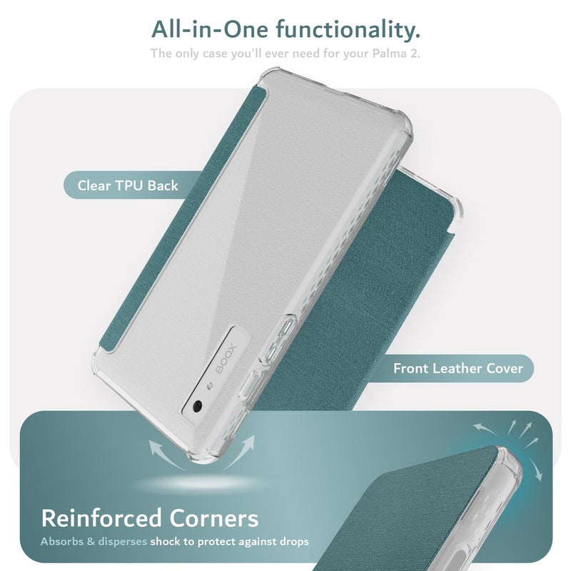 TUDIA SKN FLIP V2 Designed for Onyx Boox Palma 2 Case - [DO NOT FIT Palma 2 PRO] Enhanced Auto Wake/Sleep Technology Shockproof Slim Transparent TPU Back with Textured Leather Cover - Clear Turquoise - Image 3