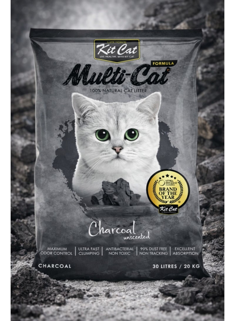 Kit Cat Super Premium Multi-Cat Formula Charcoal Unscented 100% Natural Bentonite Cat Litter 30L Pack - Image 1