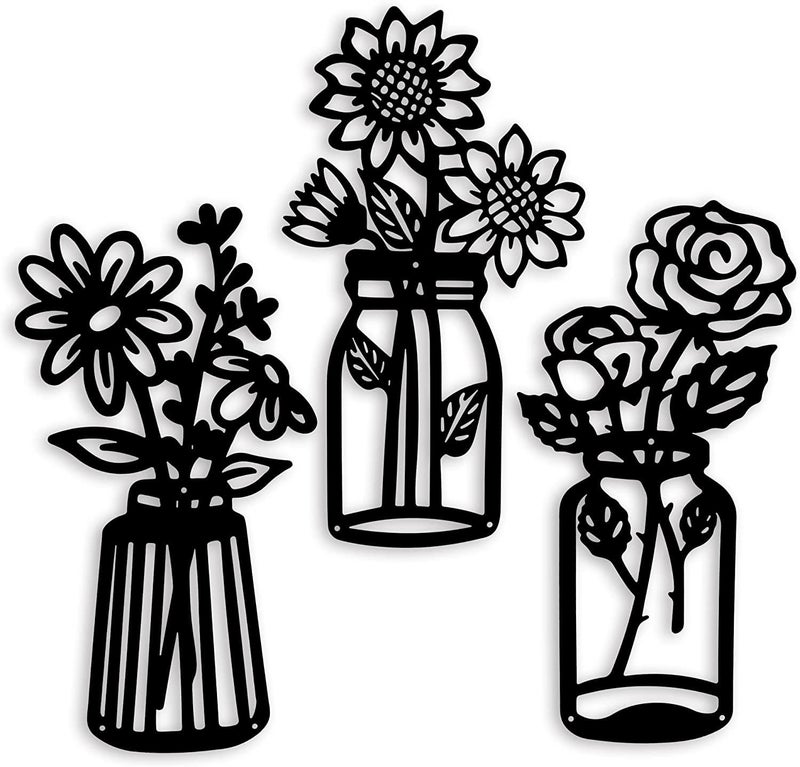 ROOT KRAFT 3 Pieces Black Wooden Flowers Wall Decor Wooden Vase Wall Art Wooden Wall Sculptures Hanging for Indoor Kitchen Bathroom Dining Room 12 inch x 6 inch Design 3 - Image 1