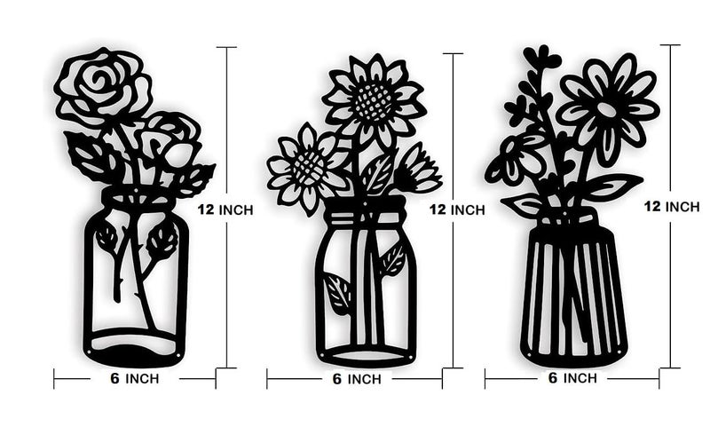 ROOT KRAFT 3 Pieces Black Wooden Flowers Wall Decor Wooden Vase Wall Art Wooden Wall Sculptures Hanging for Indoor Kitchen Bathroom Dining Room 12 inch x 6 inch Design 3 - Image 2