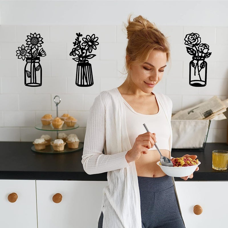 ROOT KRAFT 3 Pieces Black Wooden Flowers Wall Decor Wooden Vase Wall Art Wooden Wall Sculptures Hanging for Indoor Kitchen Bathroom Dining Room 12 inch x 6 inch Design 3 - Image 3