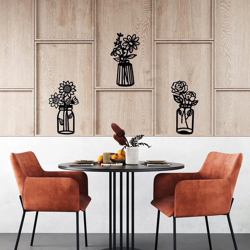 ROOT KRAFT 3 Pieces Black Wooden Flowers Wall Decor Wooden Vase Wall Art Wooden Wall Sculptures Hanging for Indoor Kitchen Bathroom Dining Room 12 inch x 6 inch Design 3 - Image 5