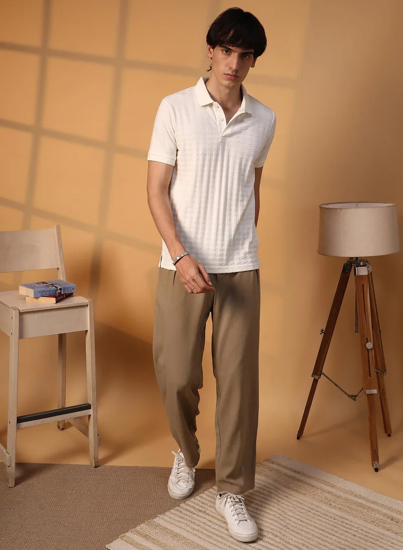Campus Sutra Campus Sutra Men's Cream White Houndstooth-Textured Polo T-Shirt For Casual Wear | Polo Neck | Short Sleeve | Half-Button Closure | T-Shirt Crafted With Comfort Fit For Everyday Wear