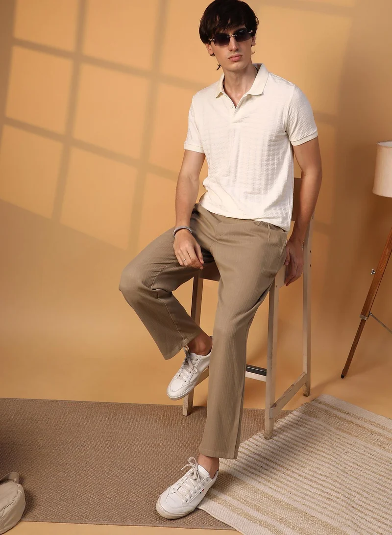 Campus Sutra Campus Sutra Men's Cream White Houndstooth-Textured Polo T-Shirt For Casual Wear | Polo Neck | Short Sleeve | Half-Button Closure | T-Shirt Crafted With Comfort Fit For Everyday Wear