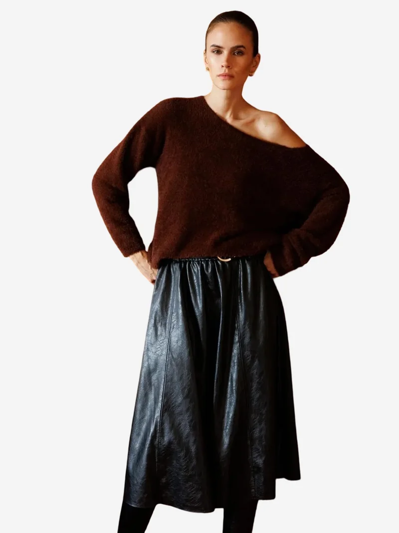Mixray Coffee Brown MIXRAY Asymmetrical Collar Knit Sweater for Women | Best Price UAE