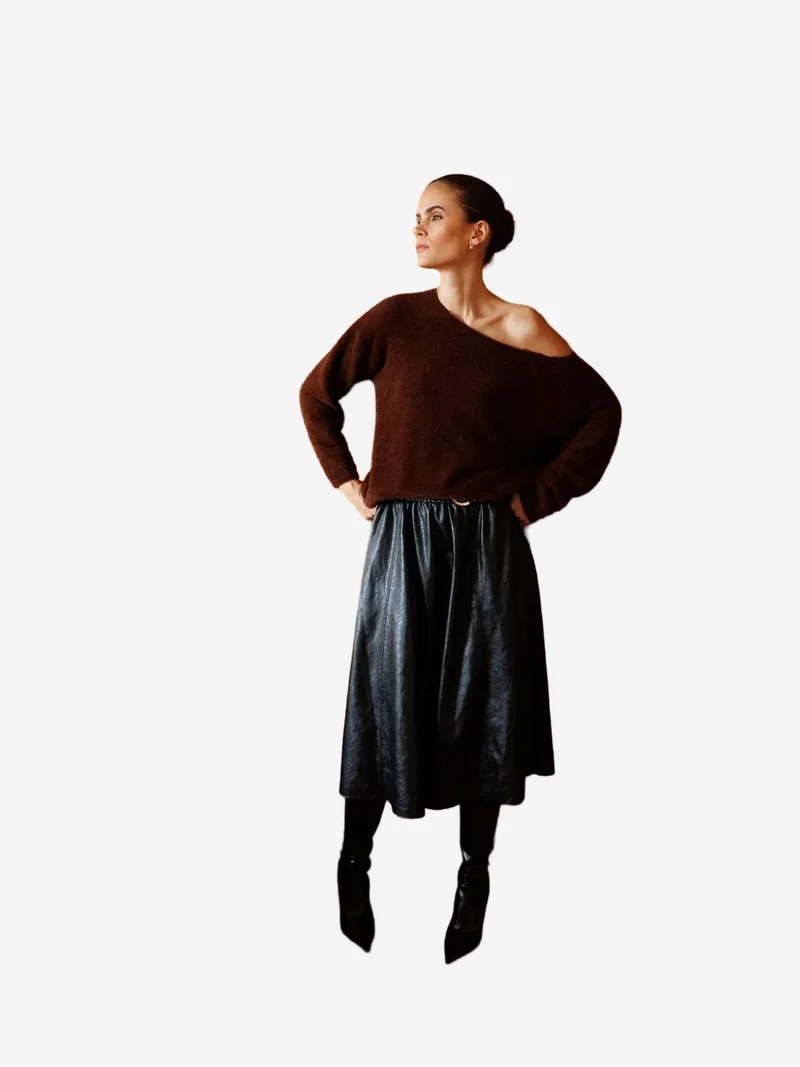 Mixray Coffee Brown MIXRAY Asymmetrical Collar Knit Sweater for Women | Best Price UAE