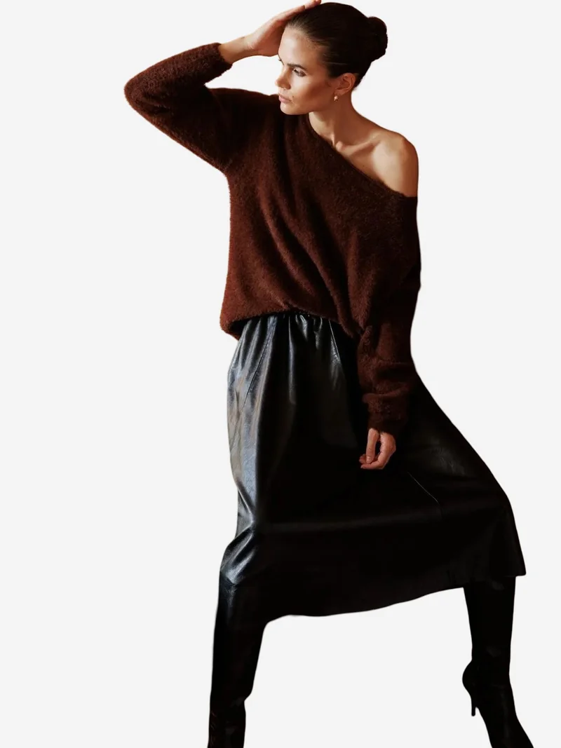 Mixray Coffee Brown MIXRAY Asymmetrical Collar Knit Sweater for Women | Best Price UAE